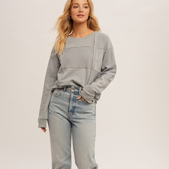 HEM & THREAD Light Blue/Grey Patchwork Detail Sweatshirt Casual Cozy Long Sleeve - Picture 6 of 7